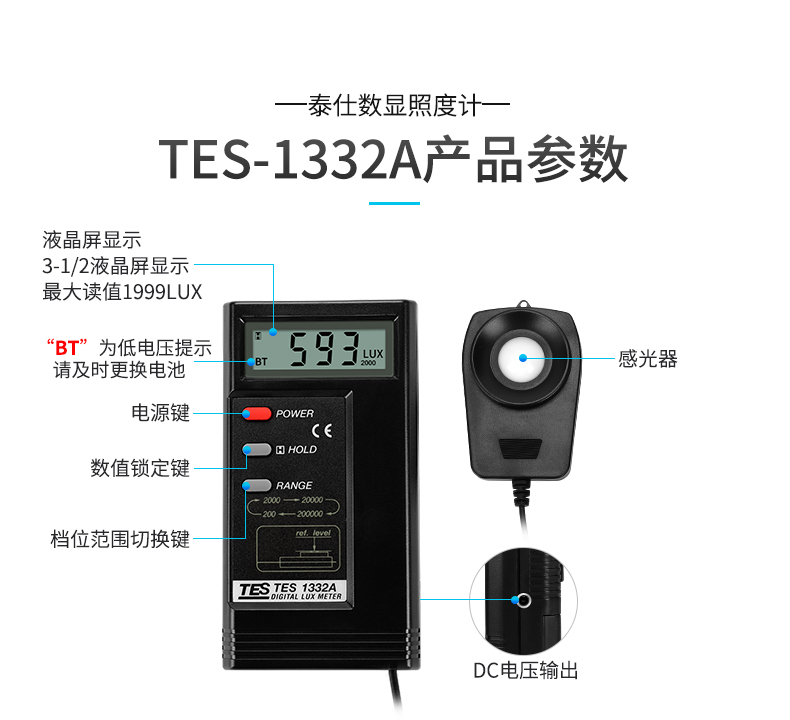 TES-1330A/1332A/1334A專業(yè)照度計 照度儀 高精度亮度測試儀 光度計 使用操作（TES-1330A/1332A/1334A專業(yè)照度計 照度儀 高精度亮度測試儀 光度計 功能特點(diǎn)）(圖2)